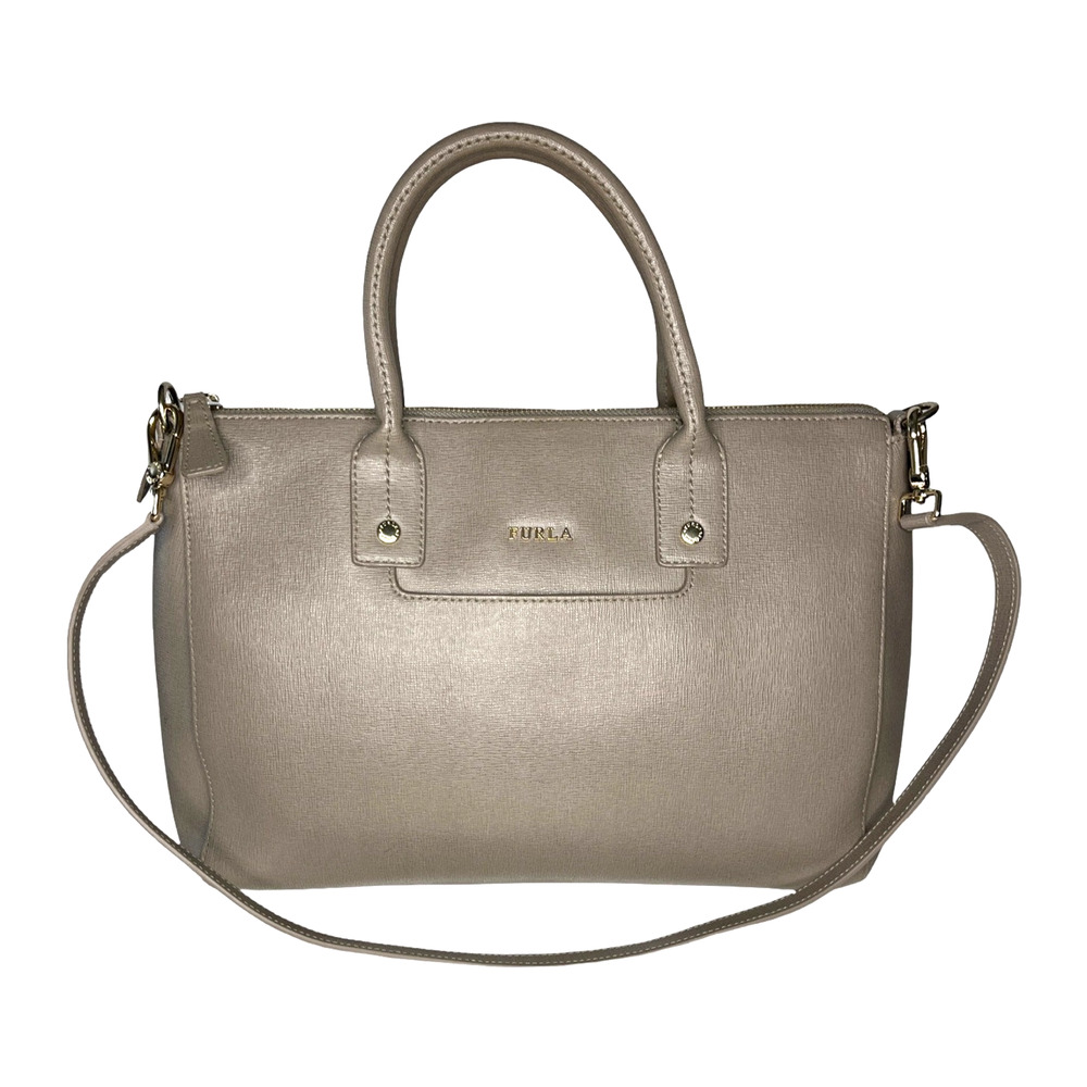 Furla Linda Taupe Saffiano Leather Satchel Two Way Bag Italy Quiet Luxury